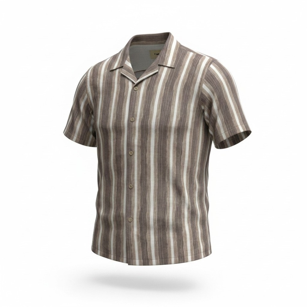 Folk Waves SS Shirt Mens XL Stone Brown Striped Linen Blend Camp Collar Casual